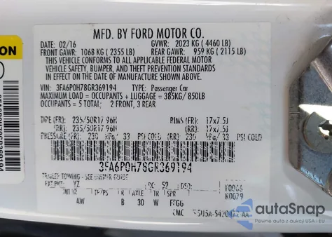 2016 Ford Fusion Se from USA, damaged, VIN 3FA6P0H78GR369194